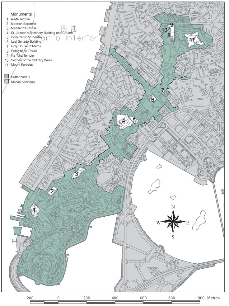 karta historiska stadskärnan i Macau